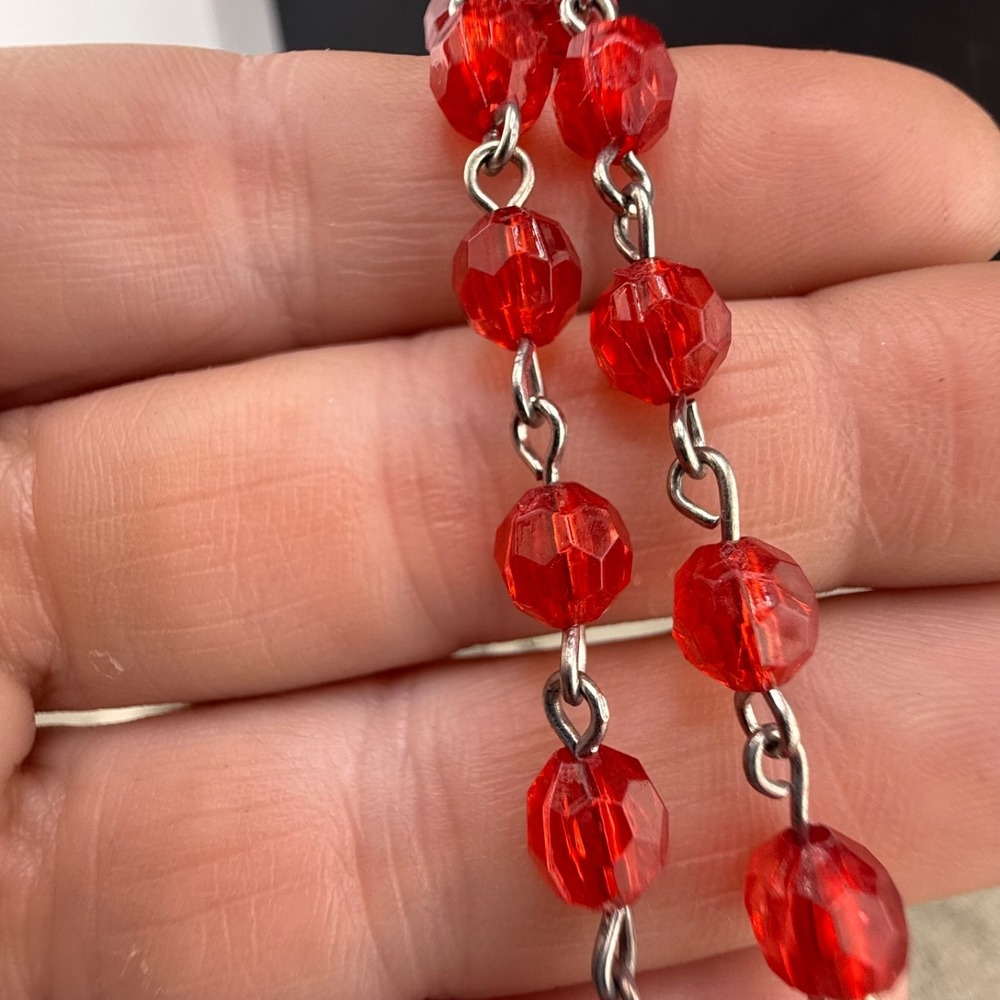 Vintage Estate Rosary Pope John Paul II Red Acrylic Bead Silver Tone 32in